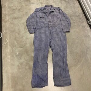 Vintage 60s Big Ben Wrangler Herringbone Twill Coveralls Blue White Made in USA